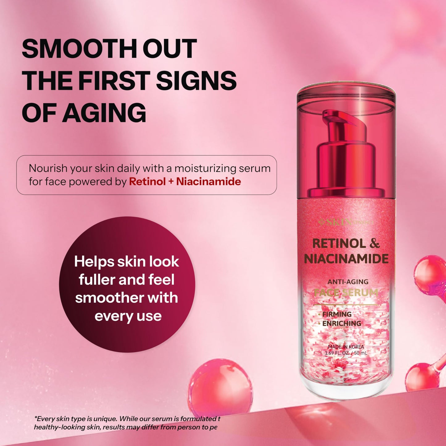 Skin Synergy Retinol & Niacinamide Serum For Face – Softens Fine Lines, Refines Pores & Evens Tone For a Smoother Look – Dermatologist Tested, Korean Skin Care, Vegan, Clean Beauty – 1.69 Fl Oz