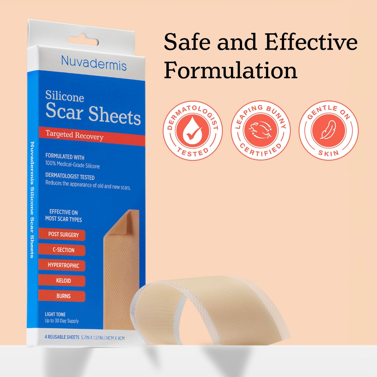 NUVADERMIS Silicone Scar Sheets - Extra Long Scar Sheets for C-Section, Tummy Tuck, Keloid, and Surgical Scars - Reusable Medical Grade Silicone Scar Sheets - Pack of 4 - Light Tone