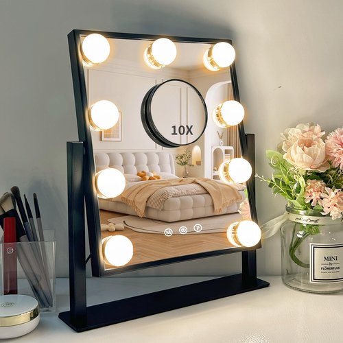 Acoolda Vanity Mirror with Lights, Hollywood Vanity Makeup Mirror with 9 Dimmable LED Bulbs, 3 Color Lighting Modes, Detachable 10X Magnification, 360°Rotation,Black