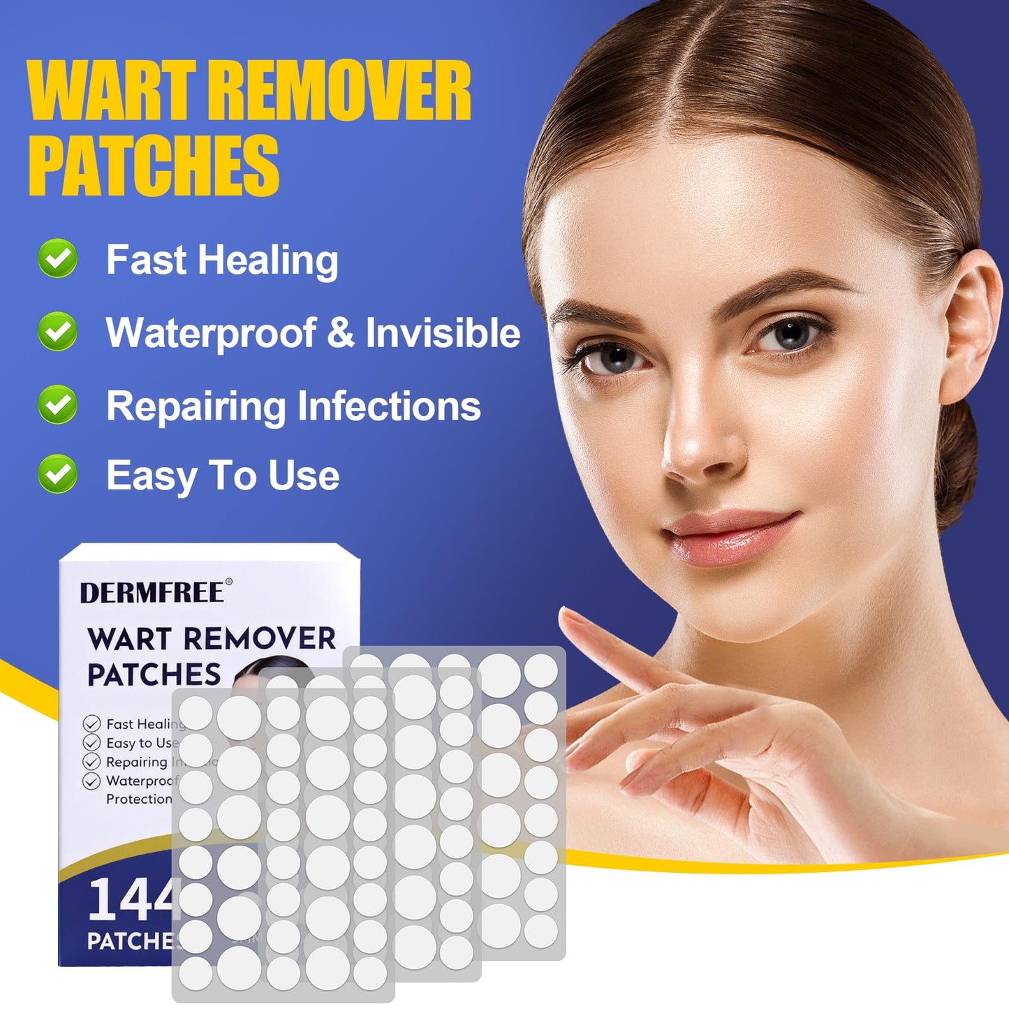 DERMFREE Wart Treatment Patches with 1% Salicylic Acid, Thin Waterproof Hydrocolloid Stickers for Hands & Feet, Discreet Protective Covers, 144 Count