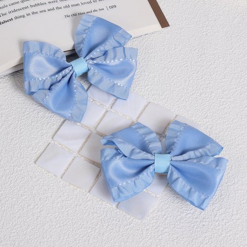 2pcs Antique Blue Satin Ruffle Edge Ribbon Bow Hair Clips 3in Silky Satin Bow-knot Alligator Barrettes Hairpins Ponytail Holder Accessories for Little Girls Toddlers Teens Kids Child