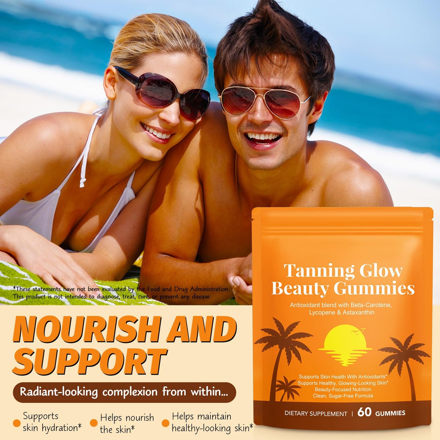 Astaxanthin Tanning Gummies Sun-Free for Women & Men, NO Sugar, With Beta Carotene, Vitamin ACDE Lycopene Enjoy a Tasty, Easy to Carry, No Water Making it Easy Enjoy a Healthy Tan Every Day 60Count