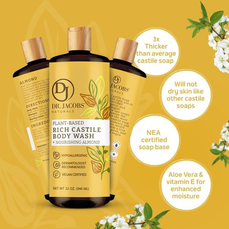 DR. JACOBS NATURALS Castile Almond All-Natural Body Wash for Moisturizing Dry and Sensitive Skin Shampoo with Plant-Based Ingredients Gluten, Preservatives-Free Formula - 32 oz, Pack of 2