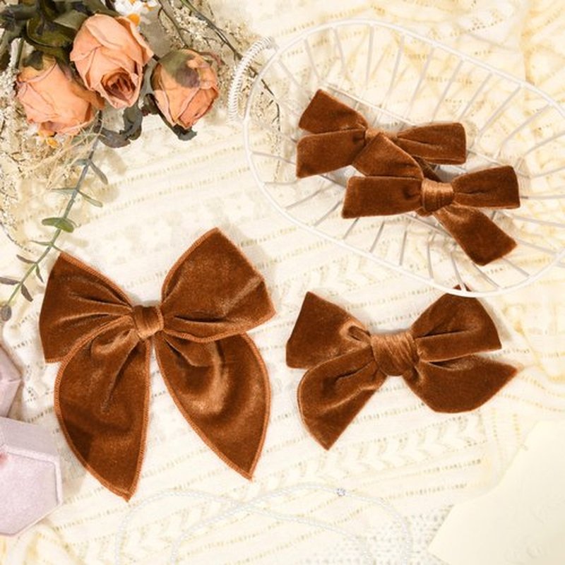 DEEKA 4 PCS Orange Brown Velvet Hair Bows 3 Styles 5" & 4" Handmade Hair Bow set for Toddler Girls Alligator Hair Clips Knot Bows Hair Accessories for Little School Girls (Orange Brown)