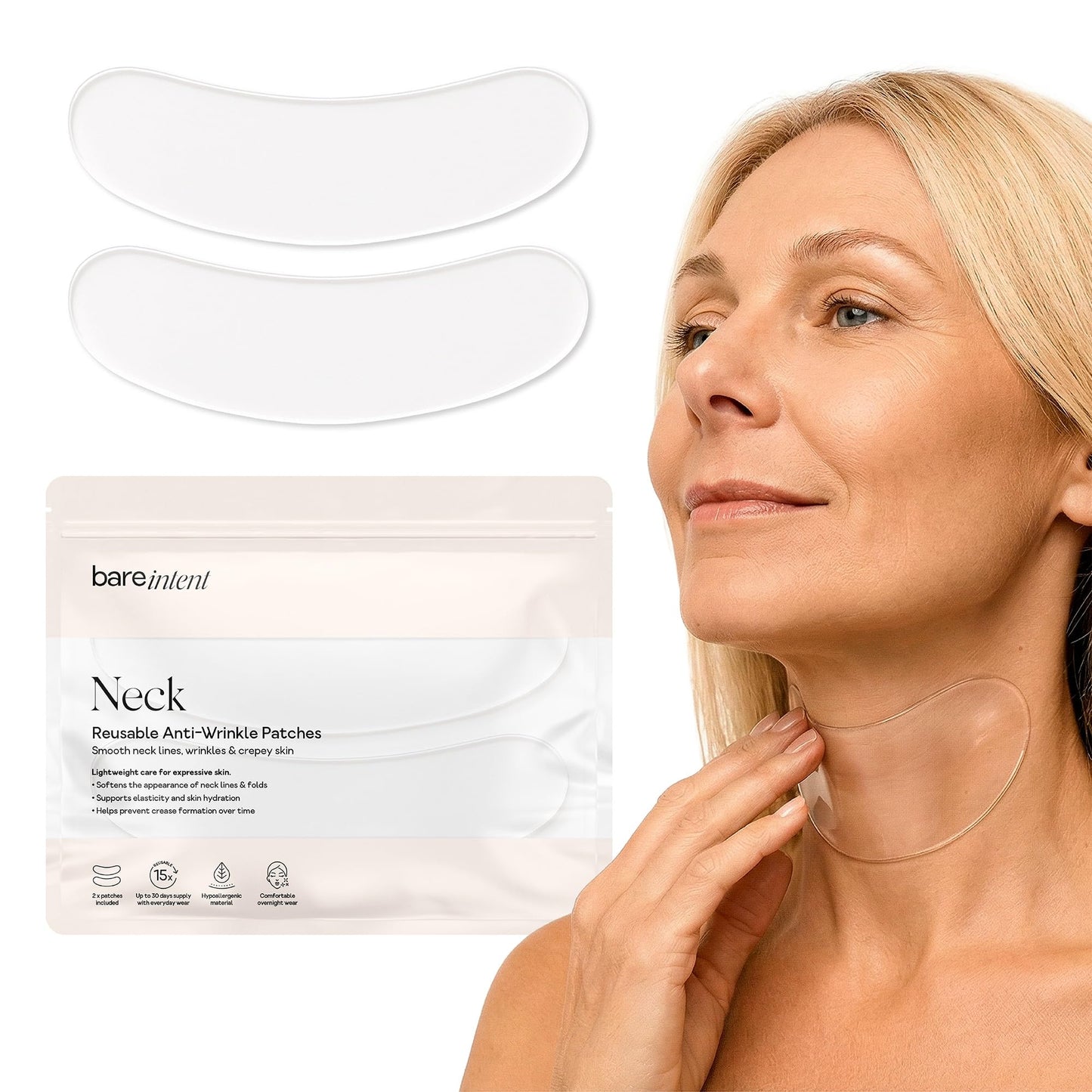 Bare Intent Reusable Anti-Wrinkle Patches for Neck | Hypoallergenic, Moisturizing & Smoothing Wrinkle Patches for Creases, Crepey Skin & Neck Lines | Contour-Fit | 2 pack (2 sets) | Up to 15 Uses