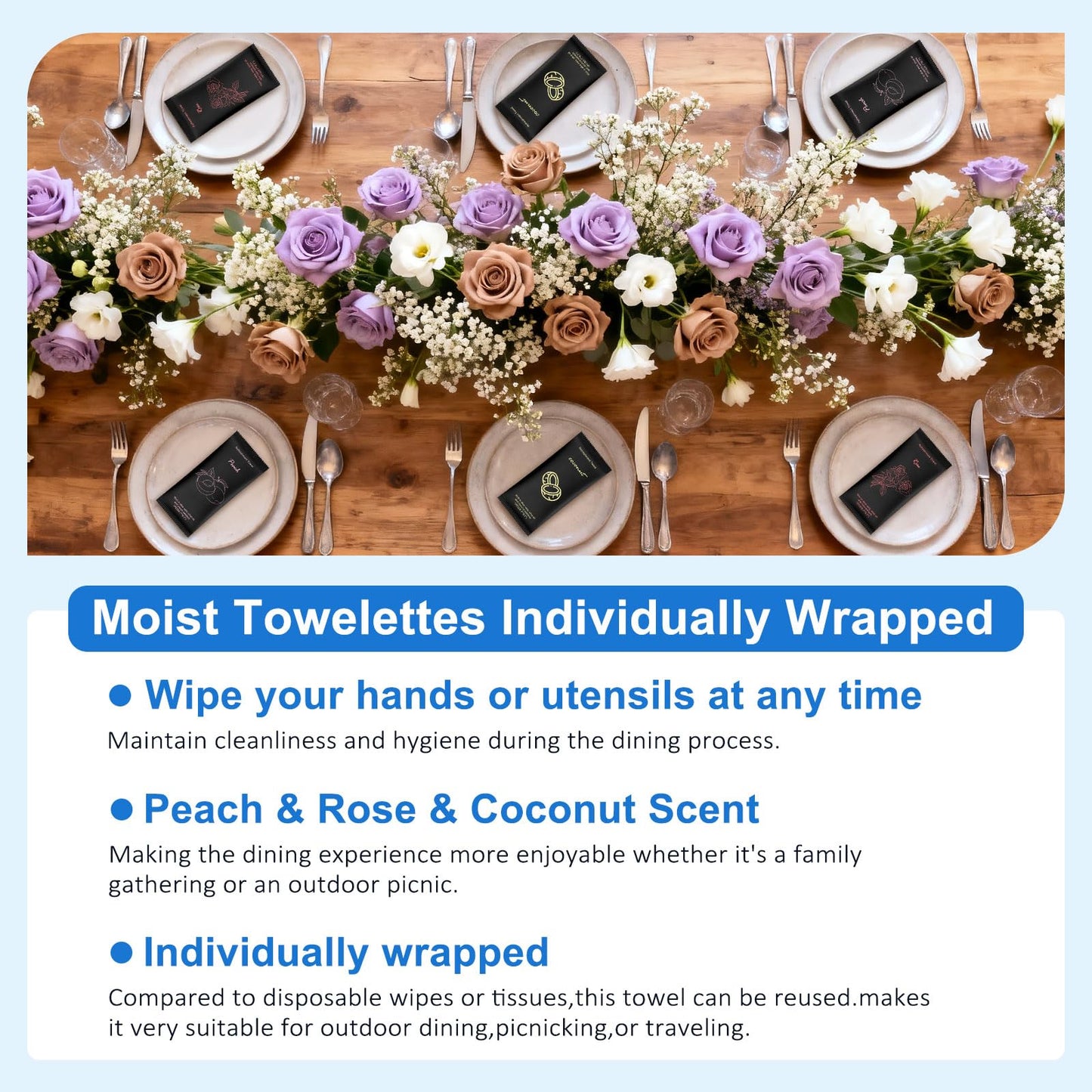 Moist Cotton Towel Bulk Moist Towelettes Individually Wrapped 8.7" x 8.7",White Towel Services,Refreshment Pre Moistened Towels Peach,Rose and Coconut for Sport Party Spa