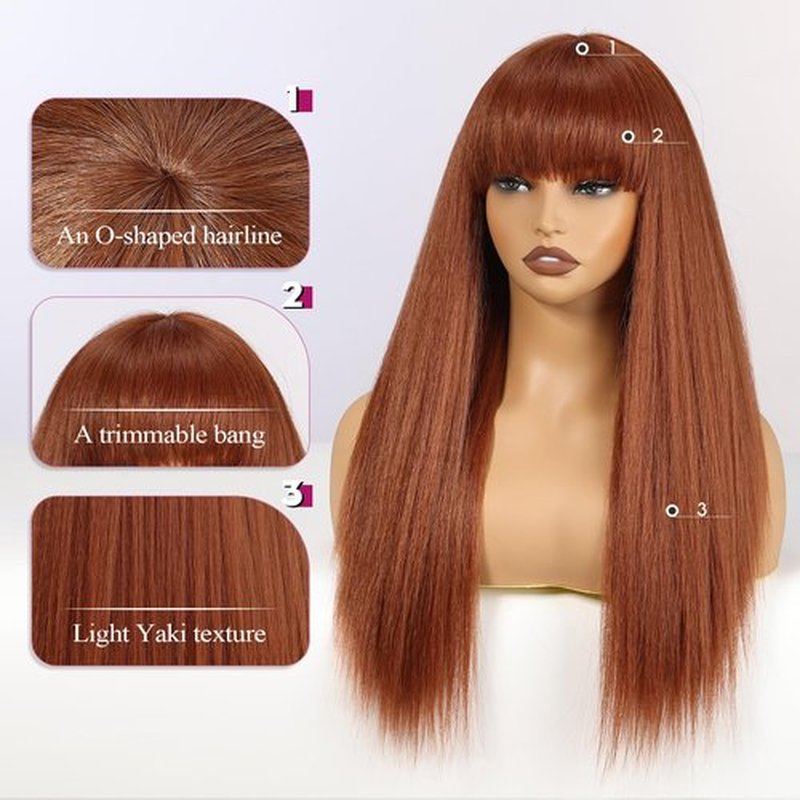 EMMOR Long Straight Yaki Wigs for Women with Bangs Comfortable Elastic Band 26 Inch Heat-resistant Synthetic Fibers(Cooper Orange)