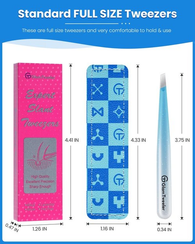 Expert Slant Tip Tweezers with Leather Case, GlamTweeler Sharp & Precision Stainless Steel Tweezer for Eyebrows, Facial Hair and Fine Hairs Removal (Sparkle Blue & Silver)