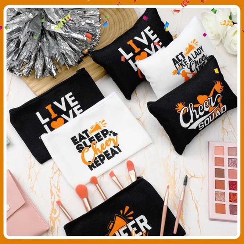 Pinkunn 20 Pcs Cheer Makeup Bags Bulk Cheerleader Gifts for Women Canvas Cheer Cosmetic Pouch Toiletry Zipper Makeup Case Cheerleading Portable Travel Pouch Cheer Team Accessories(Orange)