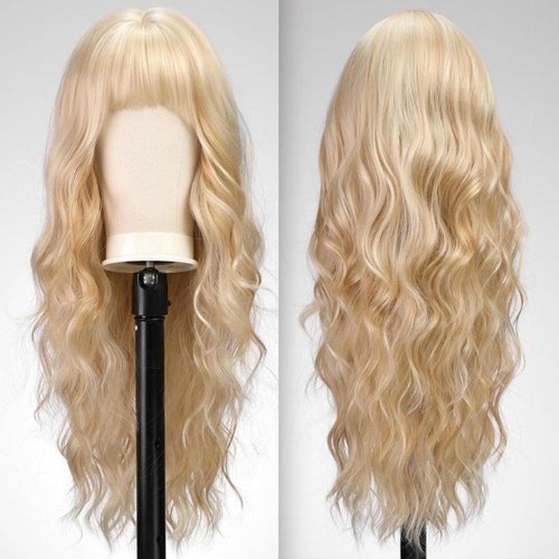 KOME Light Blonde Wigs with Bangs,613 Blonde mixed Long Wavy Wig for Women,Long Curly Synthetic Hair Wig for Party Daily Use 26IN…