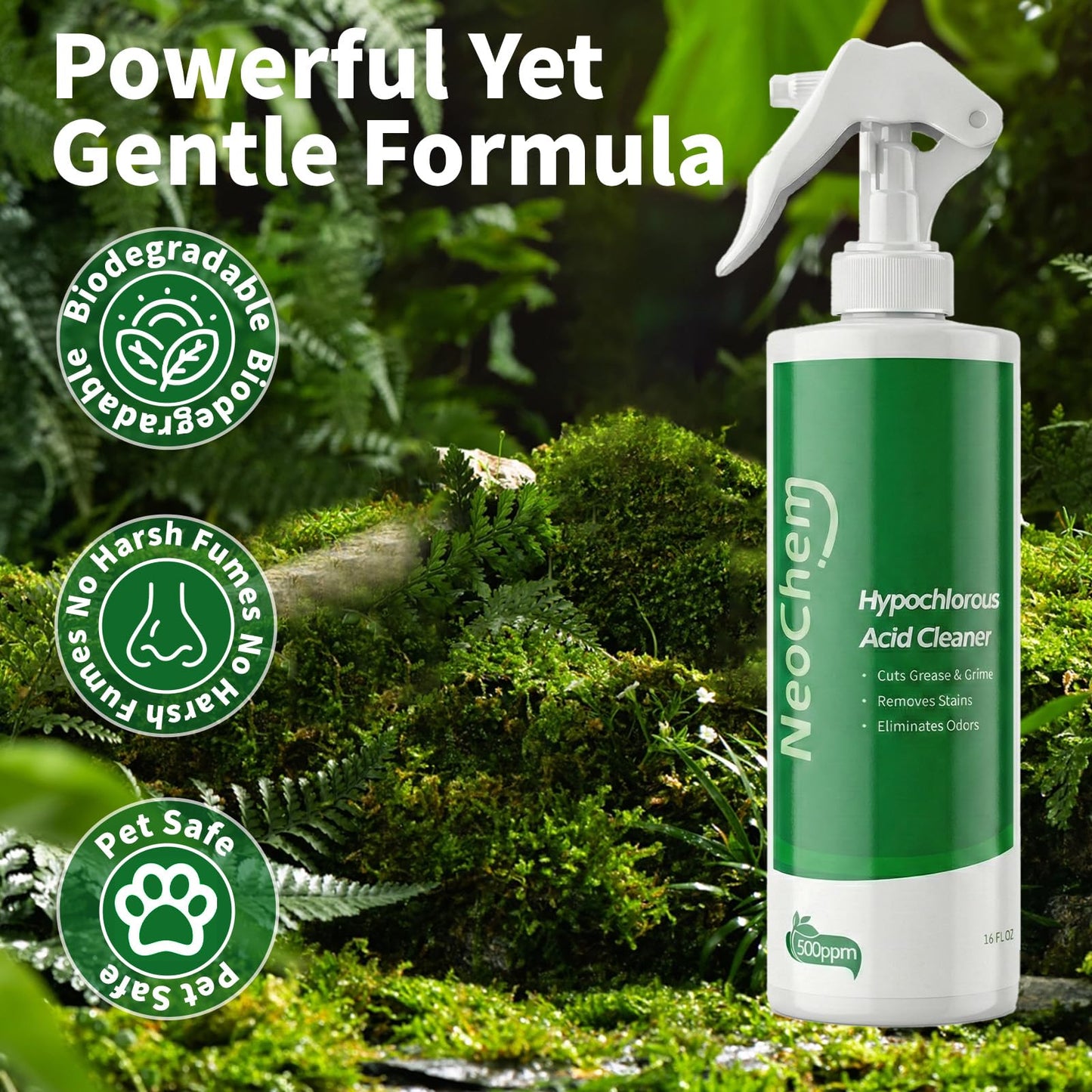 NeoChem Hypochlorous Acid Spray For Cleaning, 500ppm Hypochlorous Acid,Cuts Grease, Removes Stains, Eliminates Odors - No Rinse, No Harsh Fumes, Biodegradable