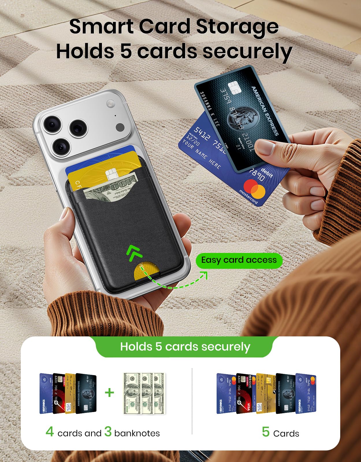 Nepagz For MagSafe Wallet, 5-Card Holder with RFID Blocking, Vegan Leather Slim Magnetic Wallet, Bottom Card Ejection, for iPhone 17/16/15/14/13/12 Series, Not for Mini,Black