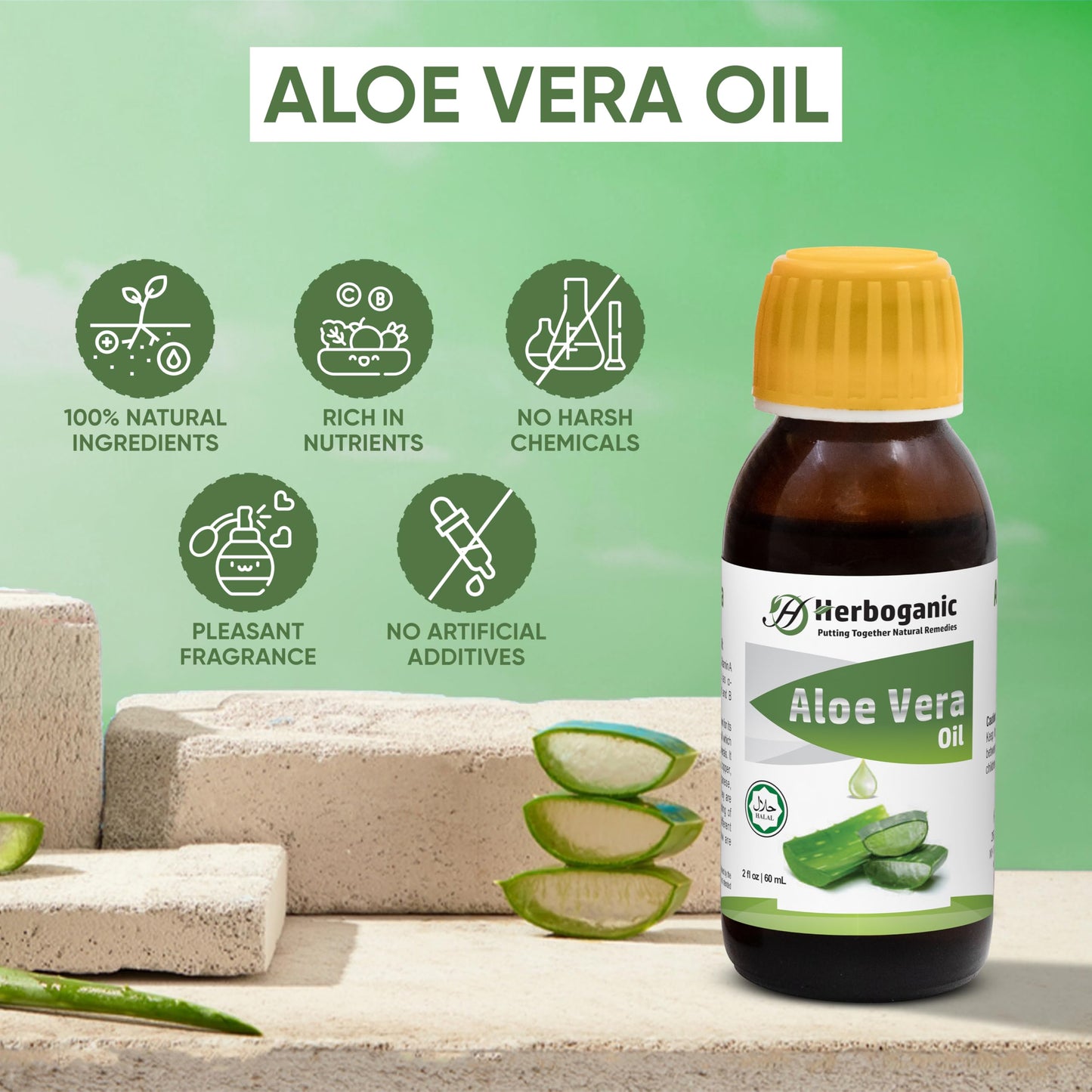 HERBOGANIC Natural Aloe Vera Oil - 100% Cold Pressed, Nourishing for Skin, Hair, and Eyelash Growth,Aloe Vera Massage Oil,