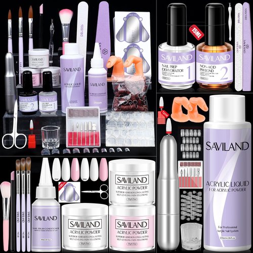 SAVILAND Acrylic Nail Kit for Nail Practice - 3 Colors Acrylic Powder and 4OZ Acrylic Liquid Set with 50pcs Full Cover nails tip for Extension Nails Starter Kit for Home DIY Acrylic Nails Application