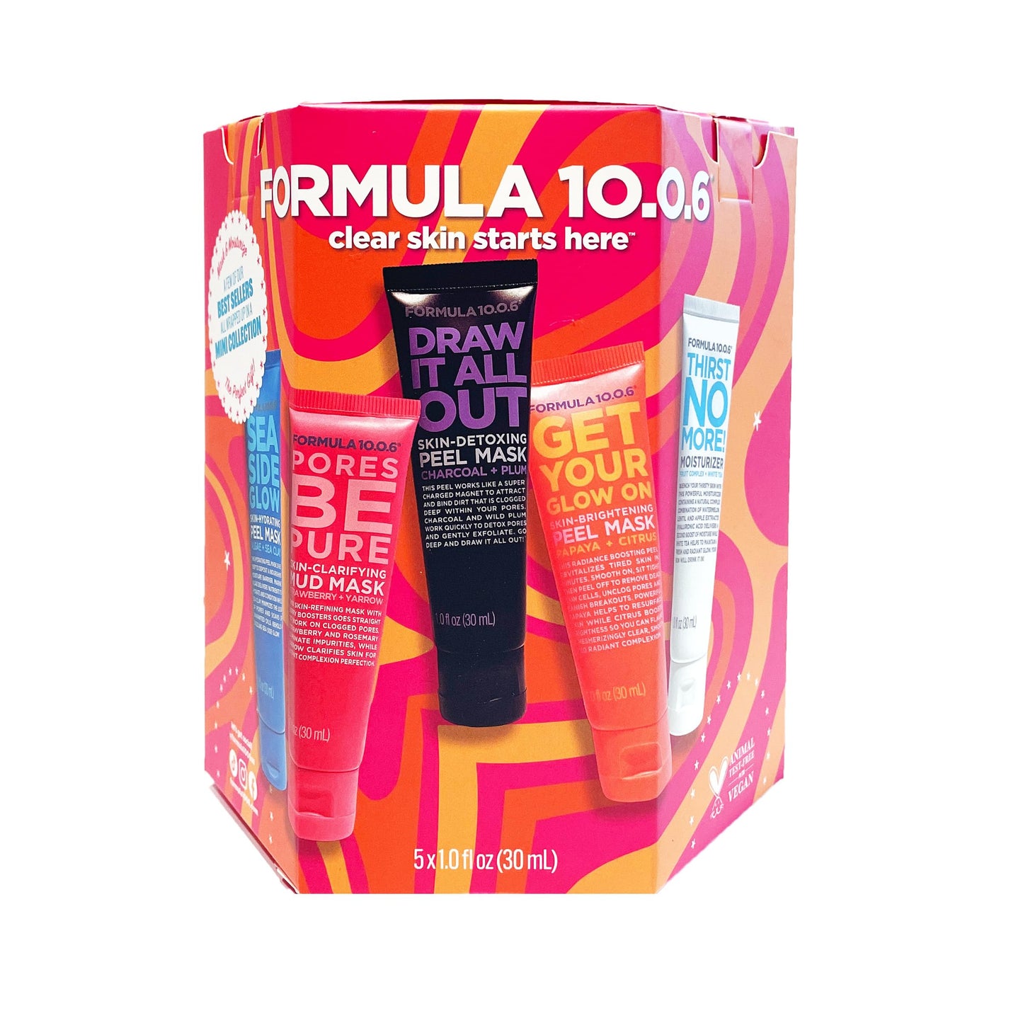 FORMULA 10.0.6 Skincare Face Mask Gift Set, Pink and Purple, 5-Piece Trial Size Collection with Charcoal Peel, Sea Clay, Papaya Masks, 1 fl oz Each