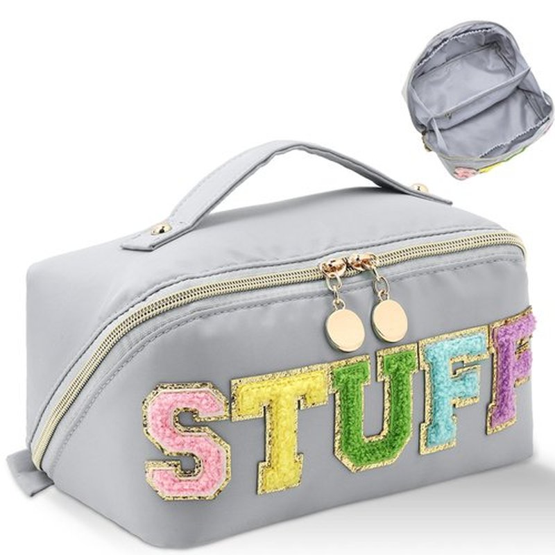 LONEDREAM Stoney Clover Preppy Makeup Bag, Large Capacity Travel Cosmetic Bag, Chenille Letter Open Flat Nylon Stuff Makeup Bag, Preppy Patch Better Belt Everything Makeup Bag(Grey)