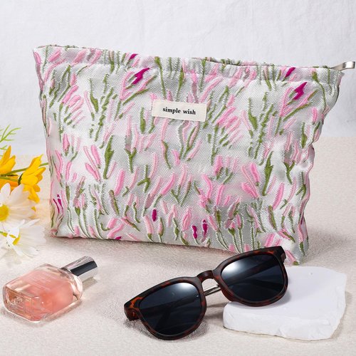 ZLFSRQ Flower Makeup Bag Travel Cute Floral Cosmetic Bags for Women Large Makeup Pouch Zipper Cosmetic Pouch for Purse Aesthetic Embroidery Makeup Organizer Bag Portable Toiletry Bag(Green &Pink)