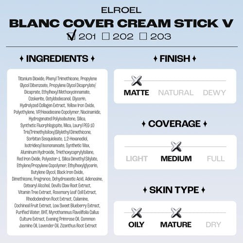 BLANC Cover Cream Stick V w/Detachable Brush - Korean Skin Care Concealer Stick Cream Foundation Makeup Stick w/Collagen, Desert Plant & Flower Oil Extracts (201 Light Stick Foundation, 0.45 oz)