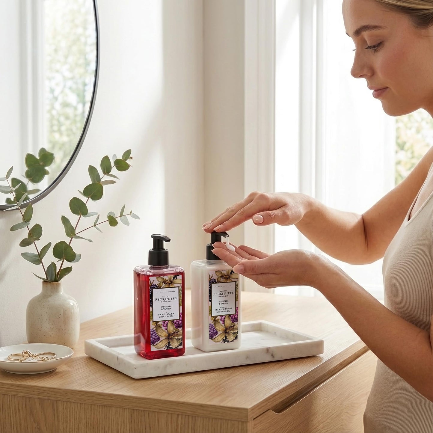 Pecksniff’s Hand Care Duo Gift Set, Mulberry & Vanilla, Hard Box Set with 300ml Hand Wash and 300ml Hand Lotion, Moisturizing Sink Set, Designed in England