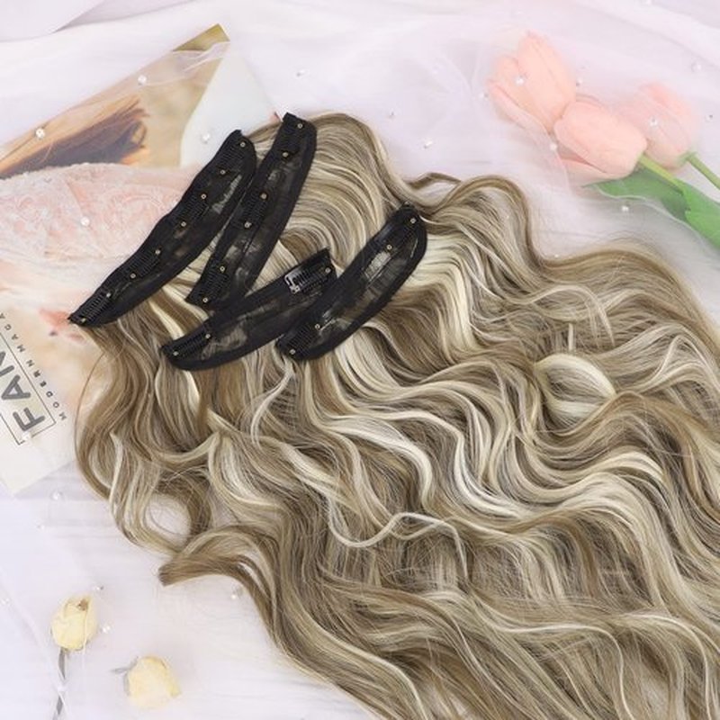 QGZ Clip in Long Wavy Hair Extensions Synthetic 4 PCS Thick Hairpieces for Women 20 Inch Long Fiber Hair Extension for Daily Party Use (Ash Brown Mix Blonde)