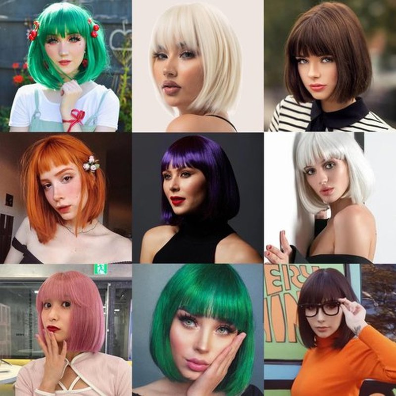 YBYMCAI Green Bob Wig With Bangs Short Dark Green Bob Wigs For Women Straight Bob Bangs Wig 10 Inch Heat Resistant Synthetic Hair Natural Looking For Daily Party Use