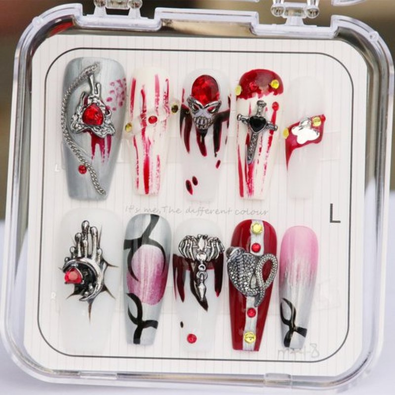 CAMILCY Handmade Nails Press on Coffin Armor Long Silver Black Red White Skull Halloween Hand Painted Reusable Gel UV Finished Pre Shaped False Nails for Women 10Pcs 3D Handmade Nails(A010 L)