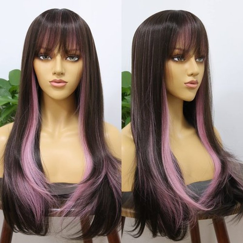 MSMYRNS Pink Highlights Dark Brown Color Mixed Bang Wig Heat Resistant Synthetic Wig Glueless Scalp Wig For Fashion Girls Hair Replacement Unit Party Cosplay Daily Use Natural Wavy Curly Wigs