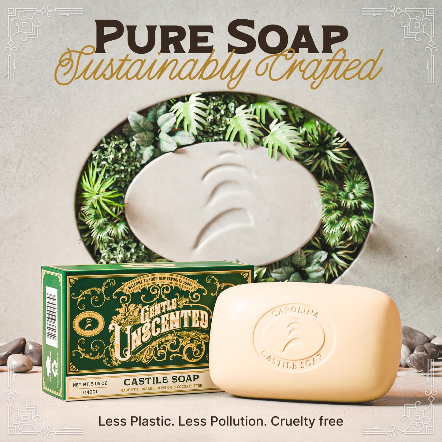 Carolina Castile Soap Vegan Unscented Castile Bar Soap – 6 Bars of Natural Soap for Men, Women, and Kids – Gentle, Hydrating Castile Soap Bars with Organic Cocoa Butter and Olive Oil, 5 Oz. Each