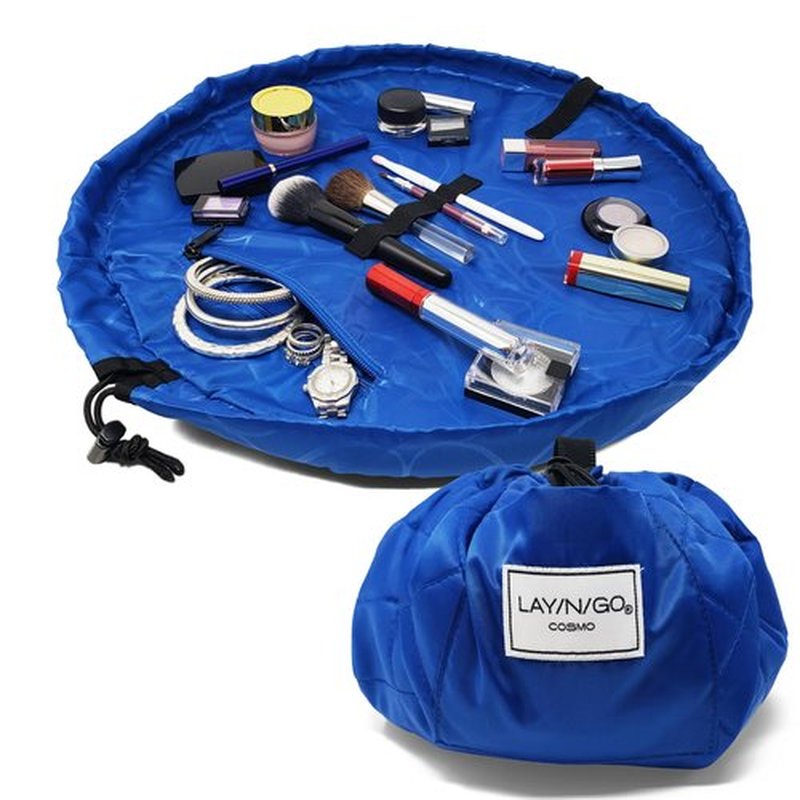 Lay-n-Go Cosmo Drawstring Cosmetic & Makeup Bag Organizer - Portable Drawstring Makeup Bag w/Zipper Pocket, Makeup Loops & More - Durable, Machine Washable Makeup Bag for Travel (20”, Sky Blue)