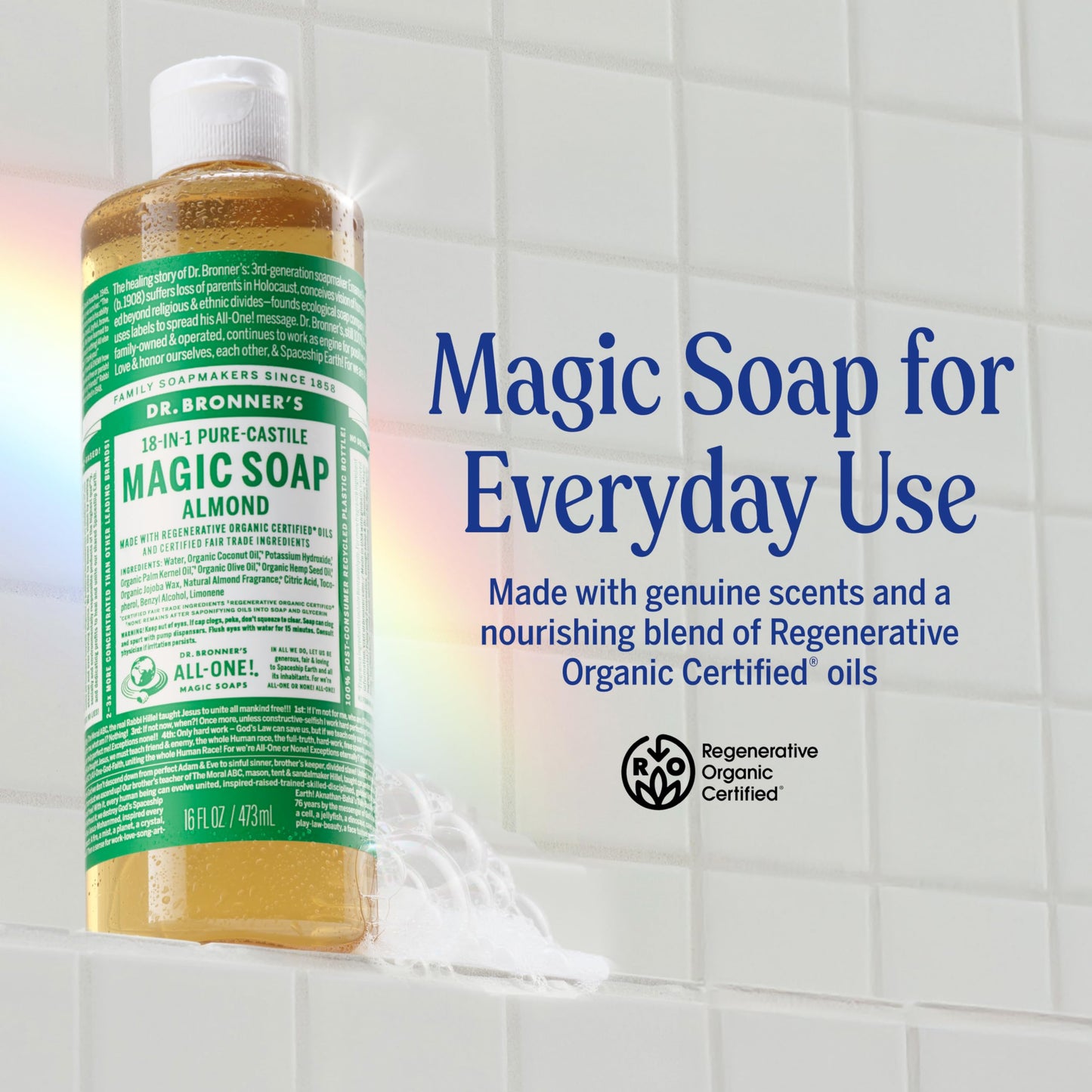 Dr. Bronner's Pure-Castile Magic Soap Liquid (Almond, 16 Ounce) - Made with Regenerative Organic Certified Oils, 18-in-1 Uses: Face, Body, Hair, Laundry, Pets and Dishes, Concentrated, Vegan, Non-GMO