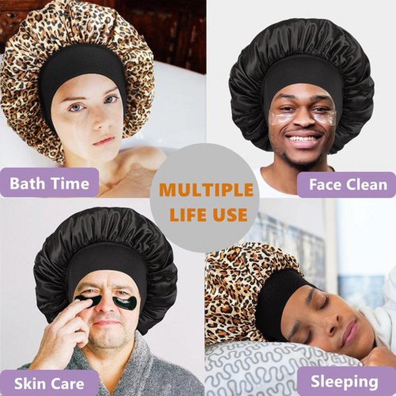 Bonnet for Men,Hair Bonnet for Sleeping,Double Layer Satin Bonnets for Black Women Curly Hair Braids,Reversible Sleep Cap (Large,Black/Leopard)