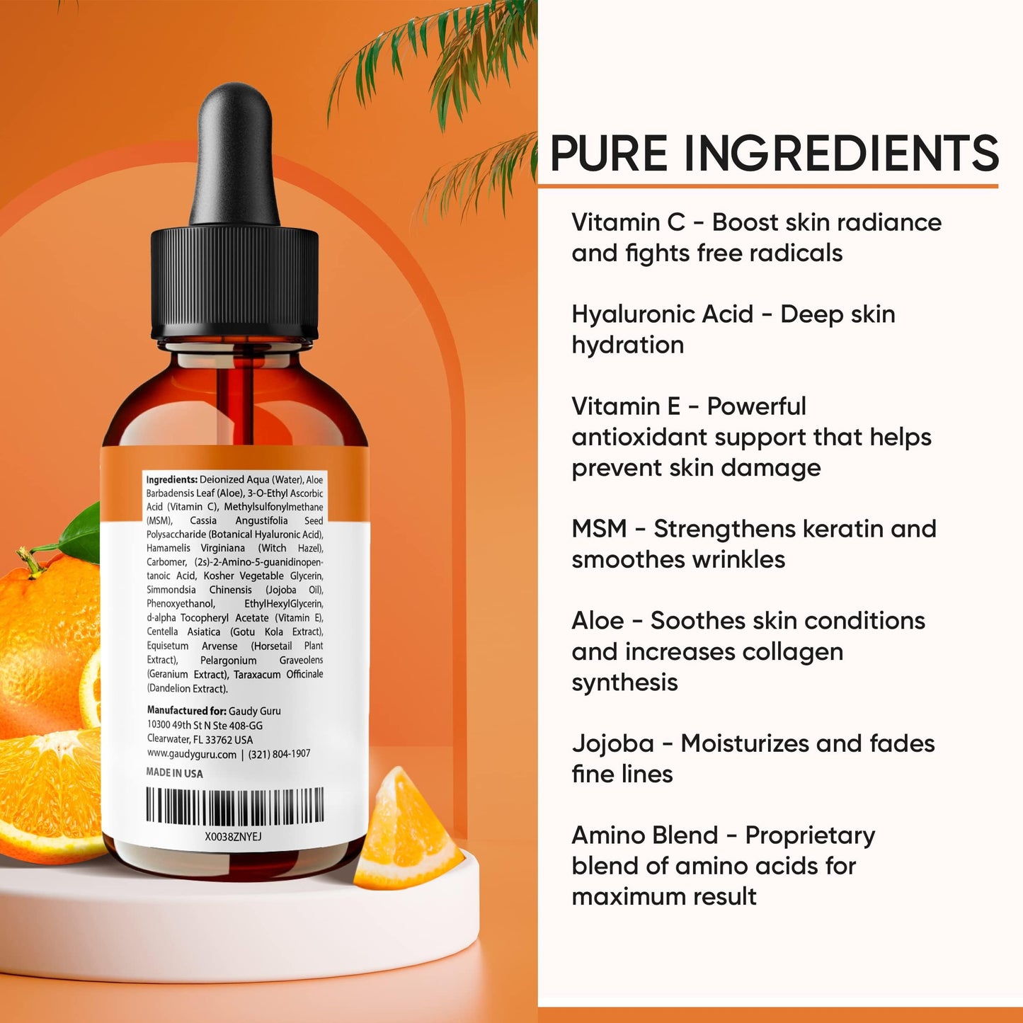 100% PURE VITAMIN C SERUM FOR FACE, Anti Aging Serum with Hyaluronic Acid, Vitamin E, MSM, Hydrating Serum for Dark Spots, Fine Lines, Wrinkles, Organic Vegan Ingredients - DOUBLE SIZED (2 OZ)