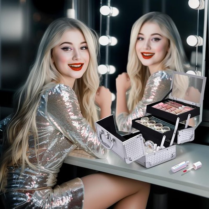 Joligrace Makeup Box Cosmetic Train Case Jewelry Organizer Lockable with Keys and Mirror 2-Tier Tray Portable Carrying with Handle Travel Storage (Classic Silver)