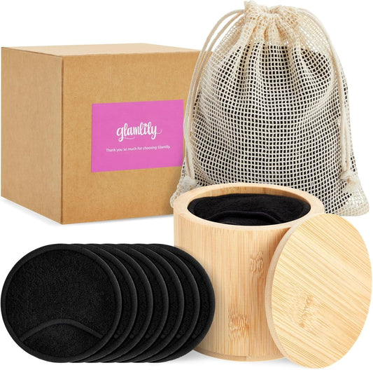 Reusable Cotton Rounds - 18 Pack for Makeup Removal | Bamboo Holder & Mesh Storage Bag (Black)