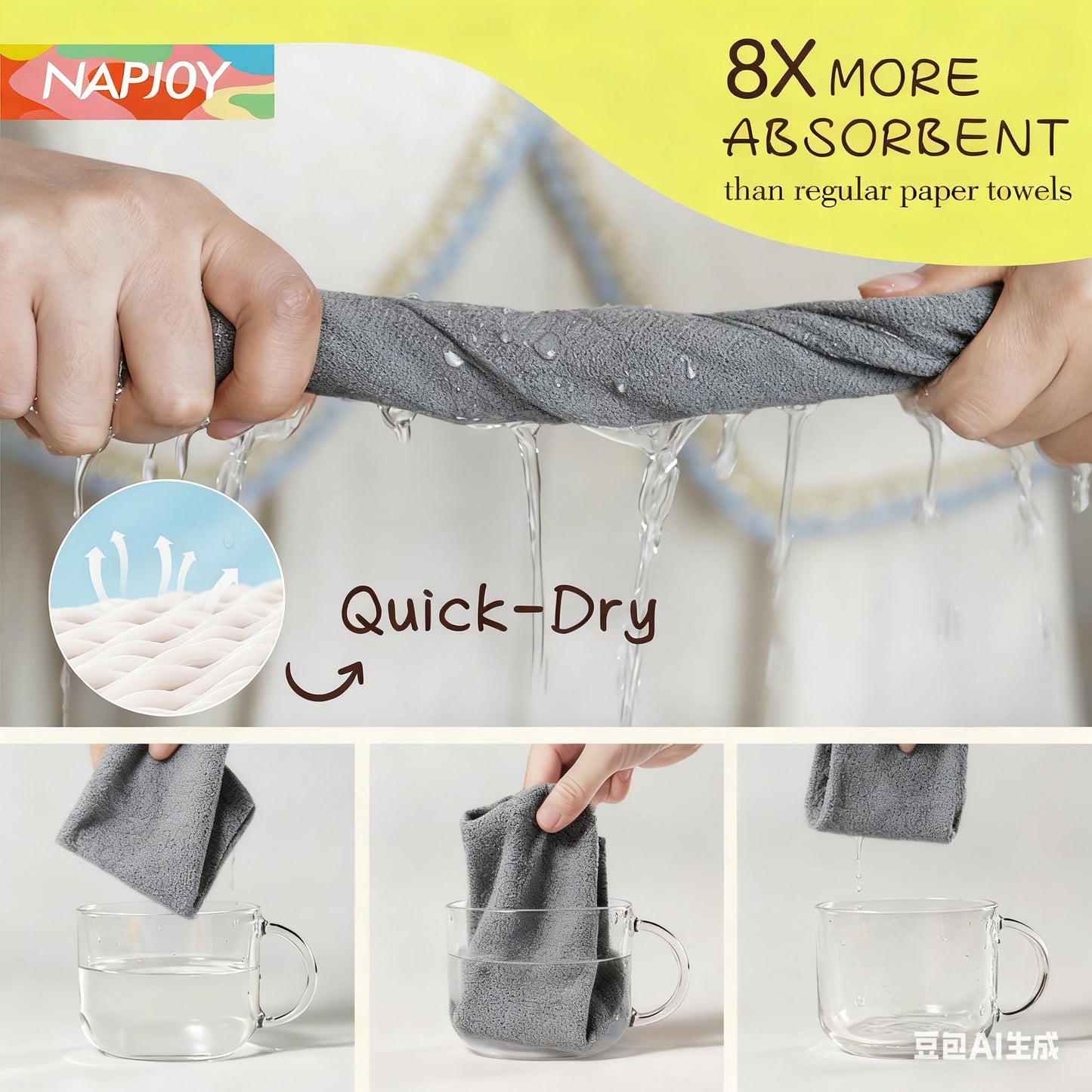 Napjoy Microfiber Cleaning Cloth Roll, 75PK Easy Tear Away Reusable Paper Towels, 12" x 12", Lint-Free and Scratch-Free with Patented Fiber Technology Microfiber Towel Roll, Grey