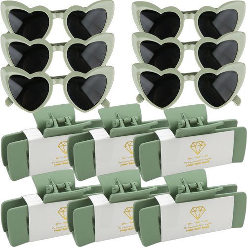 12pcsBridesmaid Proposal Gifts 4.1inch square Bachelorette hair Claw Clip heart Sunglasses set of 6 Girls Trendy gift for Wedding Party Favors(Sage Green)