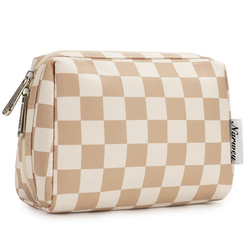 Narwey Small Checkered Makeup Bag for Purse Travel Makeup Pouch Mini Cosmetic Bag for Women (Light Checkerboard, Small)