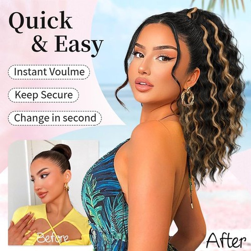 KooKaStyle Curly Ponytail Extension Fluffy Drawstring Ponytail Hair Extensions for Women Long Kinky Curly Wavy Pony Tail Extension Synthetic Hairpiece for Daily Use(18Inch Black Mixed Ginger)