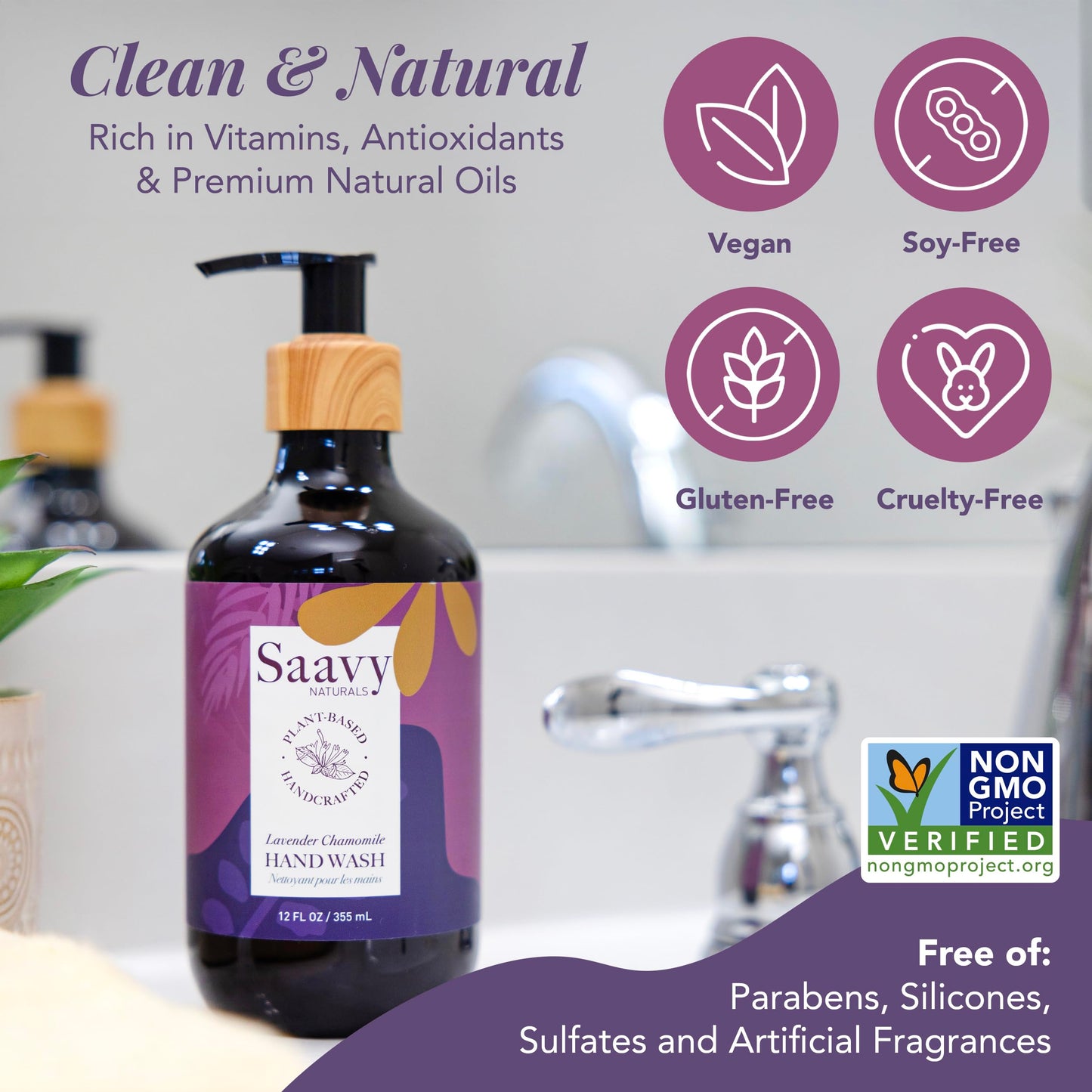 Saavy Naturals Hand Wash – Plant-Based Liquid Hand Soap with Aloe Vera, Shea Butter & Essential Oils – Sulfate-Free, Moisturizing, Food-Grade Ingredients – Lavender Chamomile – 12 fl oz, 2 pack