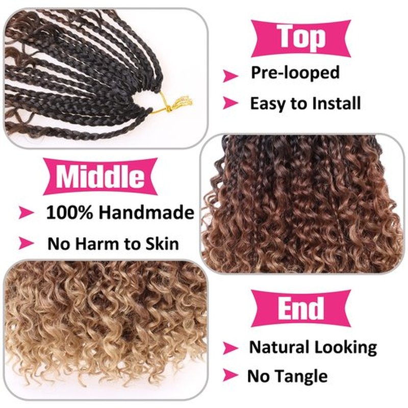 Unionbeauty 8 Packs 14 Inch Boho Box Braids Crochet Hair with Curly Ends Bob Bohemian Hippie Braids Pre-looped Messy Goddess Box Braids Hair Ombre Synthetic Braiding Hair Extension for Black Woman 53#