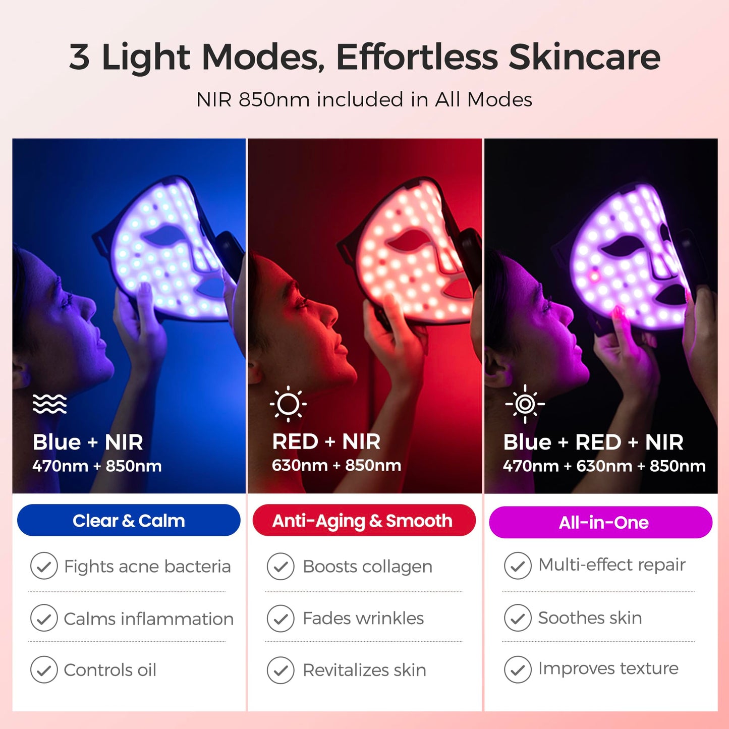 ARIVEA Red Light Therapy Mask for Face, 850nm NIR, Red, Blue Light 3 Modes