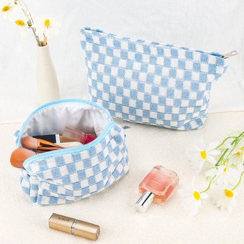 ZLFSRQ 2Pcs Checkered Makeup Bag for Women Large Cosmetic Bag Set Travel Toiletry Bag Makeup Pouch Bag for Purse Blue Zipper Storage Bag Organizer Cute Small Aesthetic Girls Car Essentials Bag