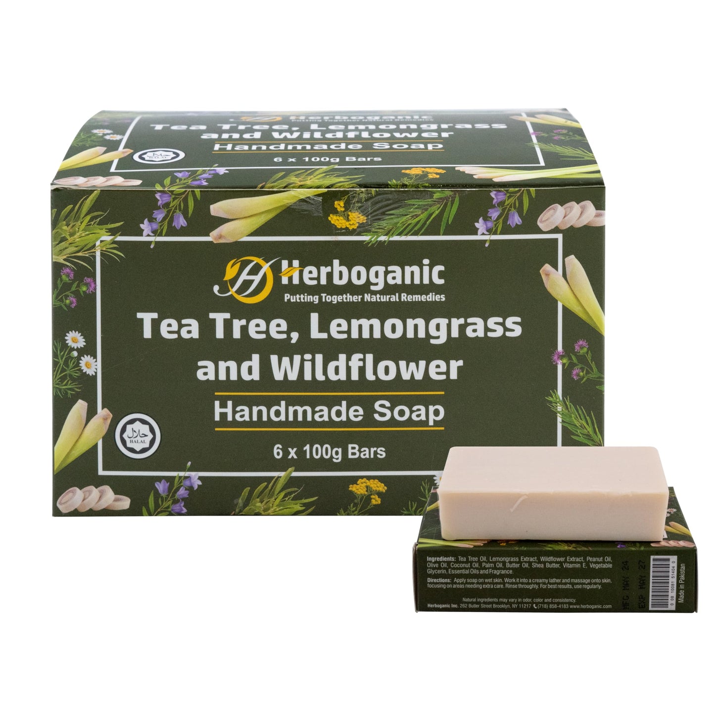 HERBOGANIC Tea Tree, Lemongrass & Wildflower Handmade Soap - Natural, Moisturizing Soap Bar for Soft and Smooth Skin with a Spa-Like Experience Pack of 1 (100g)