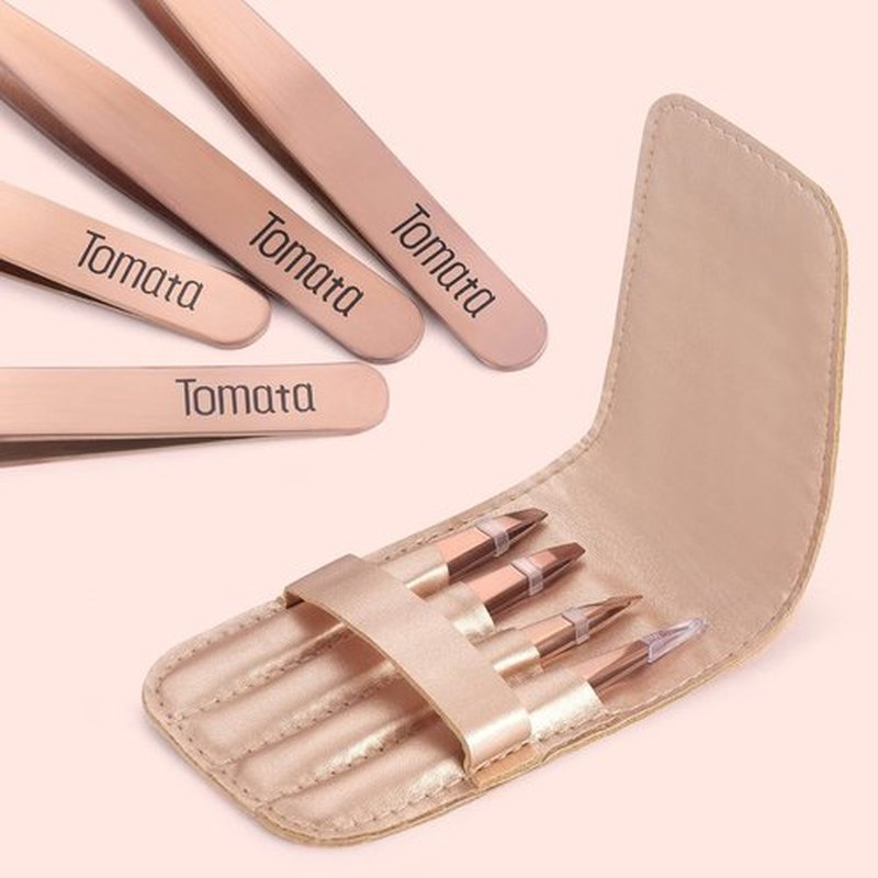 Tomata Tweezers for Eyebrows, Slant Tip and Pointed Eyebrow Tweezer Set Great Precision for Eyebrows Facial Hair, Ingrown Hair, Splinter, Blackhead and Tick Remover (4-piece) (Gold)