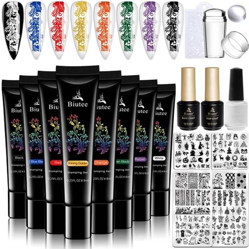 8 Colors Nail Stamping Polish Gels Nail Stamper Kit + 4pcs Nail Stamp Templates + 1 Peel Off Nail Tape Stamp Latex Bose Coat & Top Coat with Scraper Flower Holiday Art Design Gift DIY Manicure