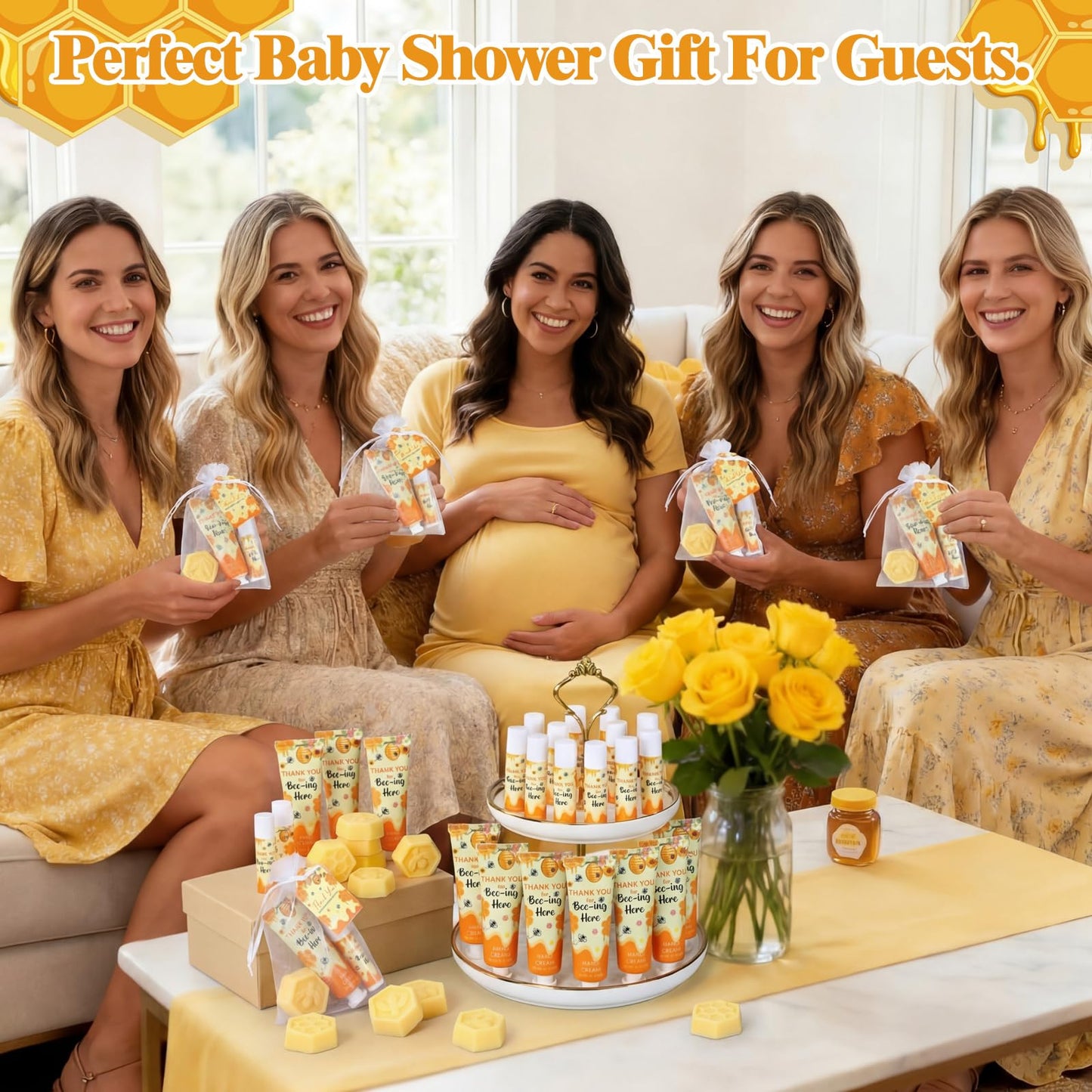Loopeer 30 Set/150 Pcs Bee Theme Baby Shower Favors for Guests Gifts Hand Cream Lip Balm Soap Party Favors Travel Size with Bags, Thanks You Card for Games Prizes Souvenirs