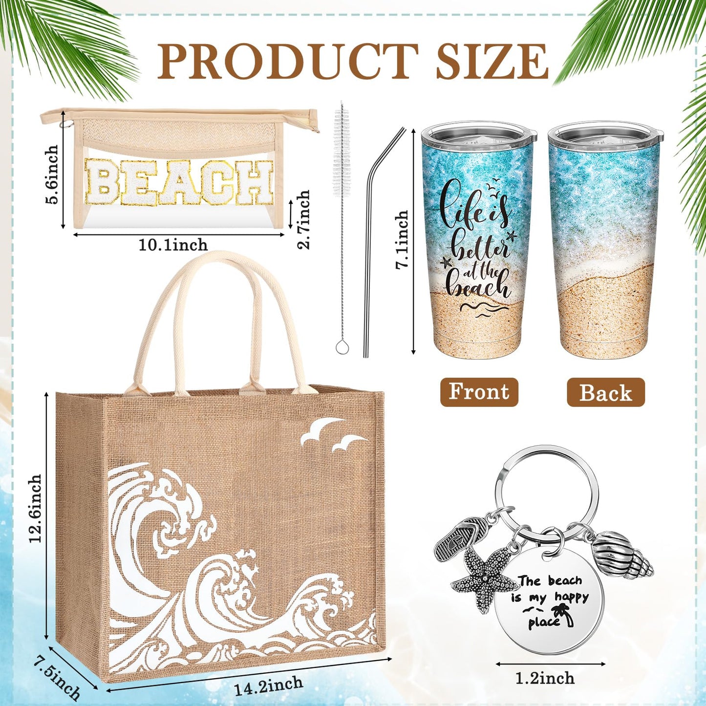 Yiyiring 6 Pcs Beach Gifts for Women Set Beach Theme Gift Set Burlap Tote Bags Cosmetic Bag 20 oz Tumbler Keychain for Birthday Holiday Travel Wedding Bridal Shower Bride Bridesmaid Honeymoon(Classic)
