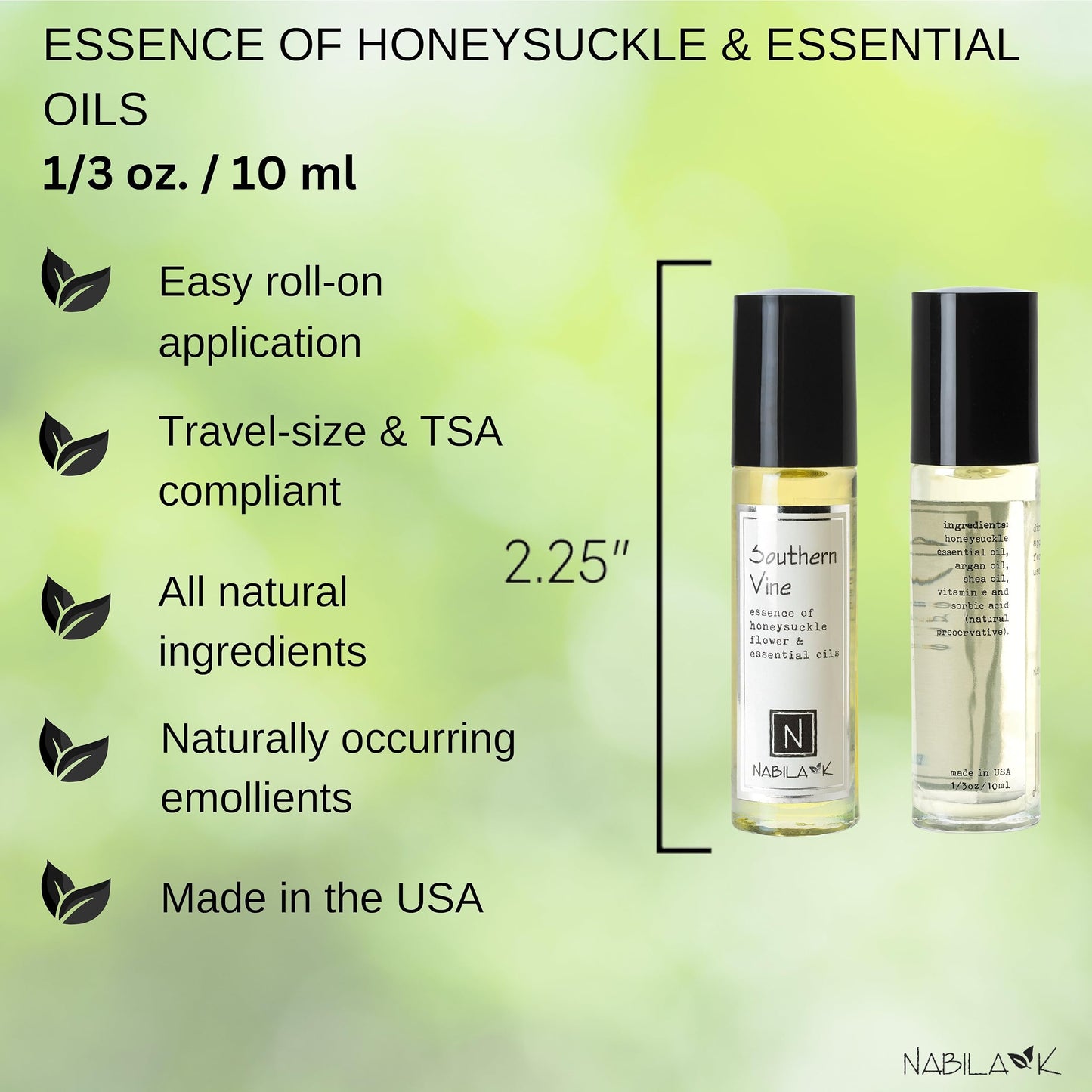 Nabila K Southern Vine Honeysuckle Roll-On Perfume Oil for Women | Alcohol-Free, Organic, Long-Lasting Fragrance | Travel Size, TSA Approved | 0.33 oz