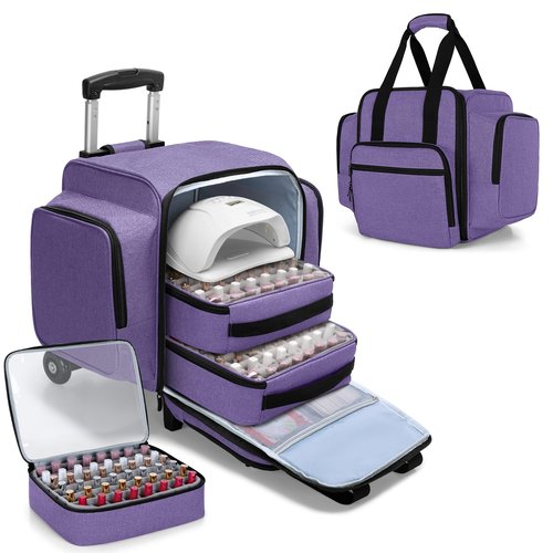 BAFASO Rolling Nail Polish Organizer Holds 144 Bottles, Nail Polish Case with a Detachable Dolly and 3 Removable Cases (Patented Design), Purple