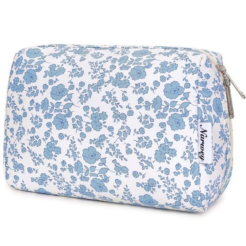 Narwey Cute Floral Makeup Bag Travel Cosmetic Bag Organizer Toiletry Bag Make Up Bags with Organized Pocket for Women (Large, Little Blue Flower)